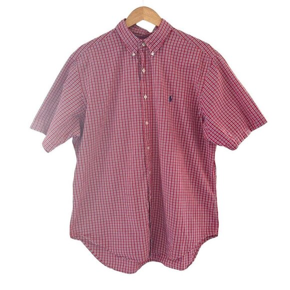 RALPH LAUREN Button Up Shirt Mens Classic XL Burgundy Red White Check Short Slv - Picture 1 of 9